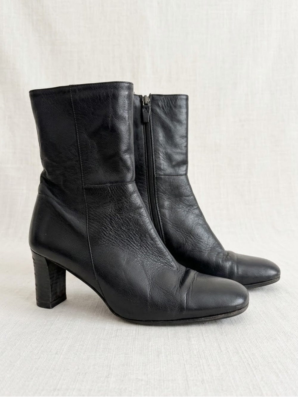 LAUREN RALPH LAUREN Black Leather Square Toe Block Heel Ankle Boots Size 7.5B